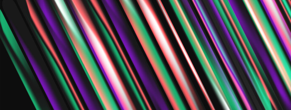 Abstract colorful lines create dynamic visual effect. Gradient shades blend, forming sleek modern design. Striking contrast against black background.