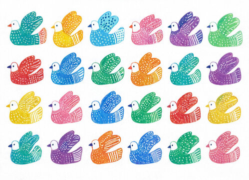 Whimsical bird silhouette collection in various colors and patterns  