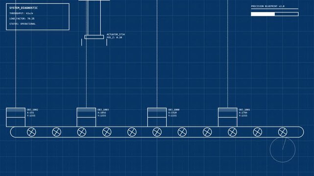 Technical Blueprint Animation of a Precision Manufacturing Assembly Line with Conveyor Belt, Robotic Arm, and Digital HUD Data Interface for Industrial Engineering and Automation Concepts