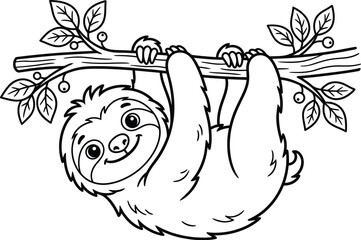 Obraz premium Cute cartoon sloth hanging from a branch with leaves in black and white