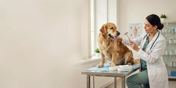 A veterinarian examines a golden retriever dog in a clinic. The dog sits attentively on an examination table while the vet holds a reflex hammer.