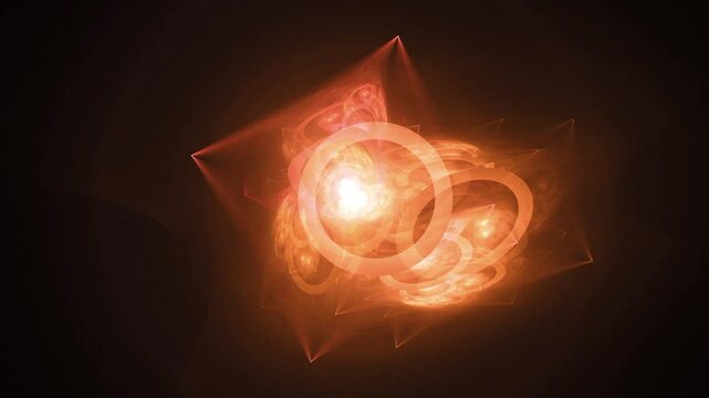 An abstract fractal animation set against a dark background, featuring glowing golden-orange geometric structures. 