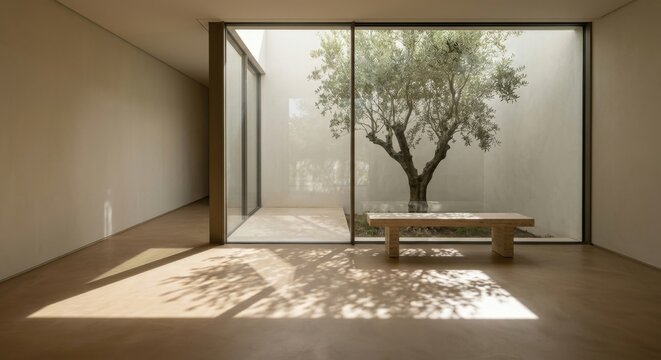 Minimalist interior with floor to ceiling glazing onto inner courtyard with olive tree, travertine bench and dappled leaf shadows on microcement floor - Calm contemporary residential architecture