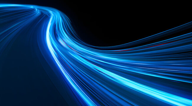 Vibrant blue light streaks gracefully twisting, symbolizing rapid data transmission and digital interconnectivity.
