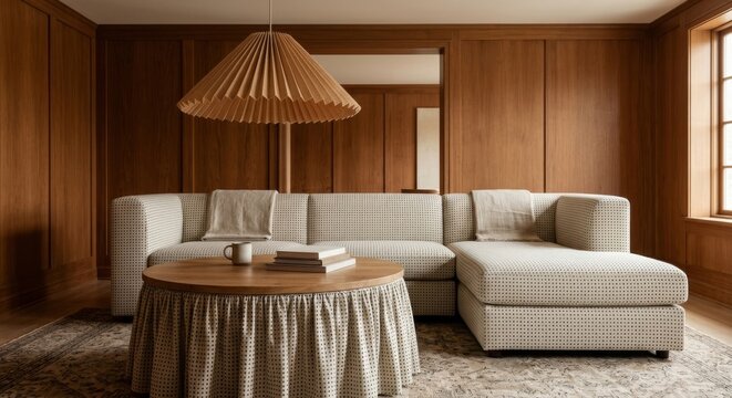 Wood paneled living room with polka dot sectional sofa, skirted round coffee table and oversized pleated pendant lamp on vintage rug - Retro modern interior design trend