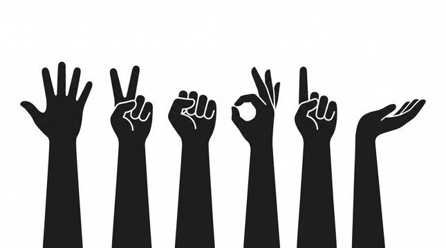 Expressive hand gesture silhouette collection featuring counting signs, OK symbol, peace gesture, raised hand, and open palm, minimalist black vector illustration.