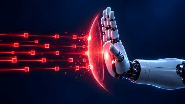Robotic hand projecting glowing red dome shield to block incoming cyber attack data streams and malicious network traffic