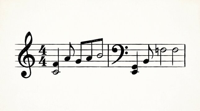 Elegant musical notation design featuring treble and bass clefs, staff lines, rhythmic notes, classical composition elements, sheet music artwork, minimalist aesthetic.