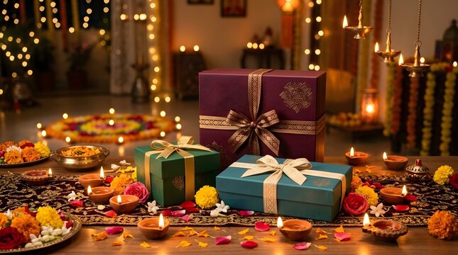 Wrapped gift boxes sit on a table decorated for a diwali celebration with lit oil lamps deepavali festivaloflights gifts presents wrappedboxes decorativeboxes holiday illumination divas