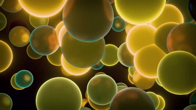 A collection of glowing spheres&mdash;in shades of yellow, gold, and dark green&mdash;floating and moving dynamically against a dark background. 