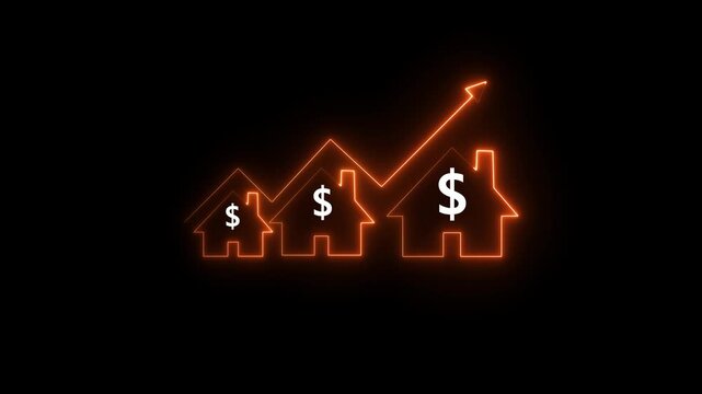 Home icon house sign neon lights animation with up arrow Dollar increase. Neon House, home building animation. Neon line of Dollar sign with up arrow inside house icon on transparent background. 4K.