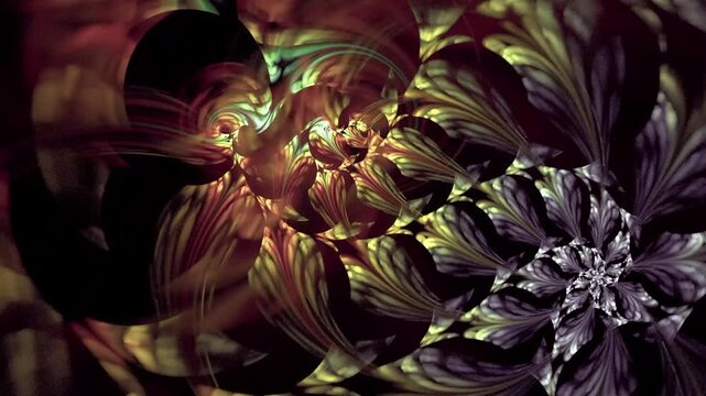 combining spiral geometric shapes, intricate petal-like patterns, and an illusion of spatial depth that continuously and seamlessly transforms.
