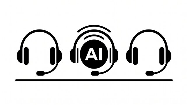 Modern AI customer support headset icon collection featuring call center headphones, virtual assistant technology, helpdesk communication symbols, clean monochrome vector design.