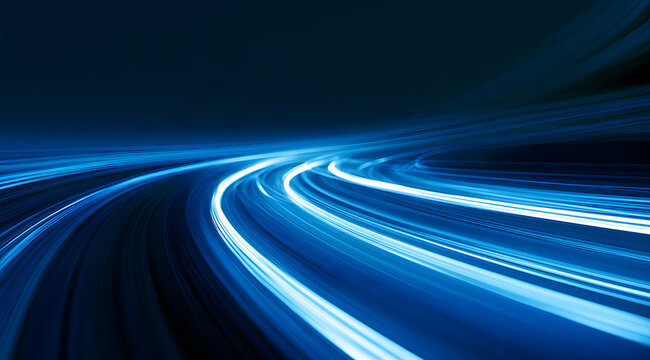 A dynamic, abstract blue light trail curves, symbolizing high-speed data flow and digital connectivity.