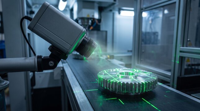Conceptual close up of an optical QC camera projecting a green defect detection grid on a gear