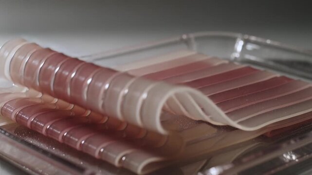 Advancing frames showing strips lifting into S-waves on tray, boosting pink-beige bands and glitter