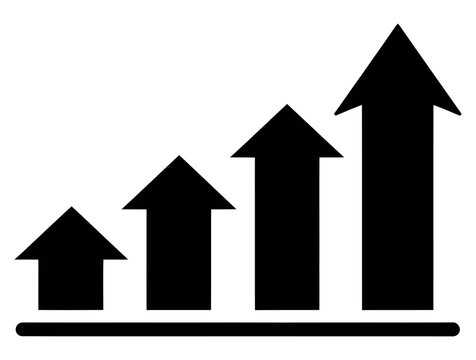 Black silhouette icon depicting a bar chart with four upward-pointing arrows, symbolizing business g