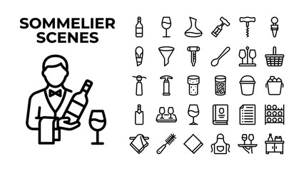Obraz premium Sommelier Icons and Illustration: A collection of line art icons and a central illustration depicting a sommelier holding a wine bottle and glass, surrounded by various wine service accessories.