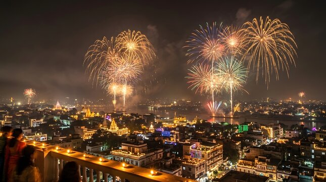 Fireworks explode over a brightly lit cityscape at night illuminating the river and buildings pyrotechnics celebration festival urban illumination sparklers explosions holiday diwali newyear event