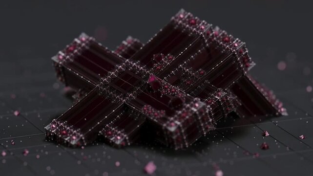 Rising camera revealing faceted crystal rotating and brightening, lifting red cubes on grid plane