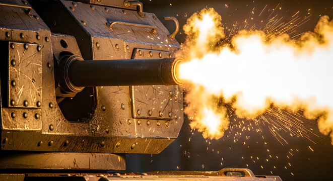 Powerful tank cannon firing with intense muzzle flash and sparks, showcasing military weapon in action.