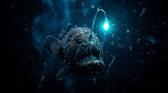 Deep-sea Anglerfish with Bioluminescent Lure Illuminating the Dark Ocean Depths