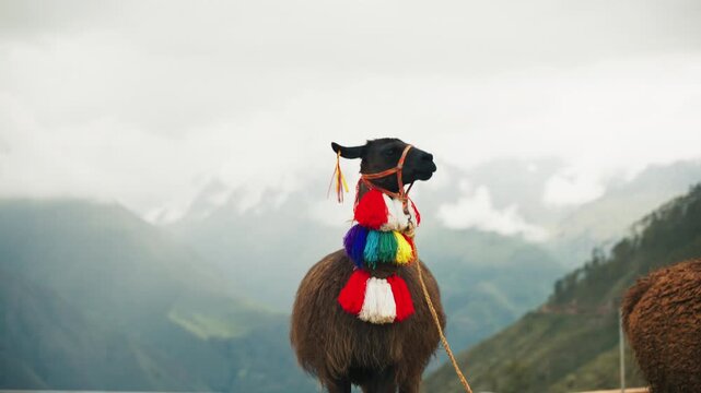 Scenic close-up of a llama in the high Andes of the Cusco Region, Peru