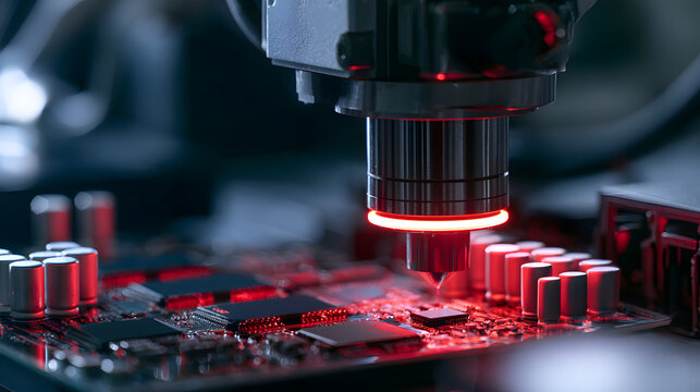 A head equipped with a glowing red laser descends onto a PCB, lined with microchips and capacitors. This scene, viewed macroscopically, showcases automated semiconductor assembly in a contemporary fac