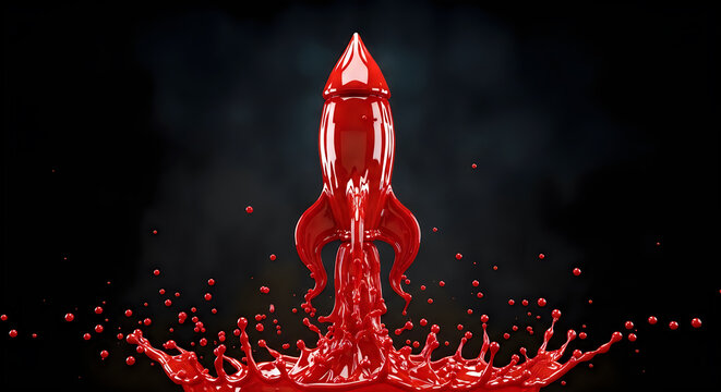 Red rocket with vibrant red liquid splash at base against dark background, symbolizing launch and growth.