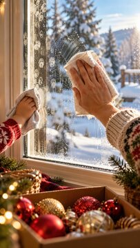 Adult and Child Cleaning Window Together Before Christmas