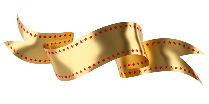 Golden ribbon banner pr roll with red star border, isolated on transparent background for festive celebrations, awards, promotions, holidays, and decorative designs