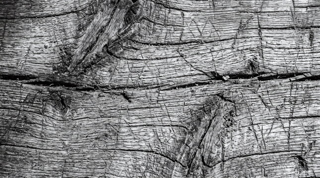 Black and white macro texture of old weathered cracked wood surface with deep grain and knots