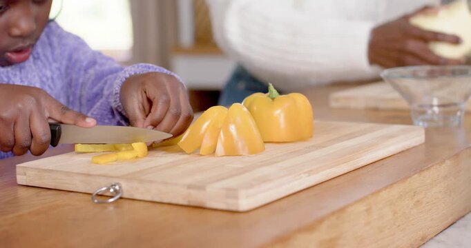 African mom using grater while teen daughter slicing pepper on board starting meal prep in kitchen