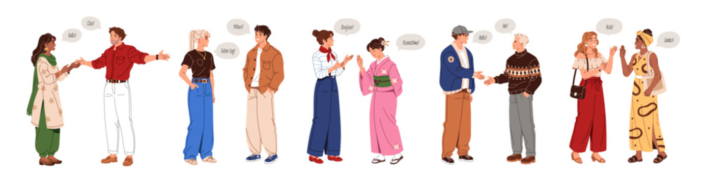 Multiethnic people with speech bubbles speak together. Diverse men and women talk in different languages. Communication of diverse characters. Multilingual conversation, dialogue of men and women