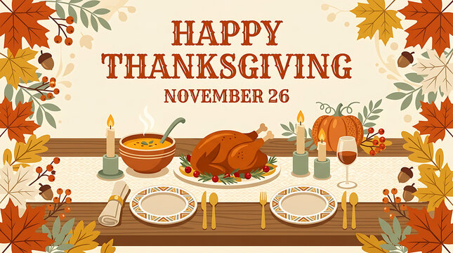 Happy thanksgiving day dinner table setup with roasted turkey and autumn leaves