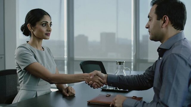 Handing portfolio, woman and man passing it in office, shaking hands to conclude in business attire