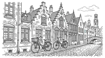 Obraz premium Sketch of Historic European Town with Bicycles
