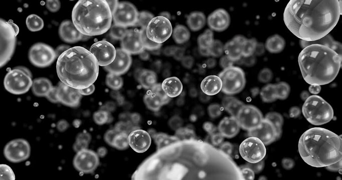 Abstract water droplets floating slowly toward the camera on a black background. Abstract 3D Background Animation.