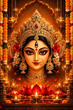 Durga Puja goddess portrait with traditional gold jewelry and glowing oil lamps