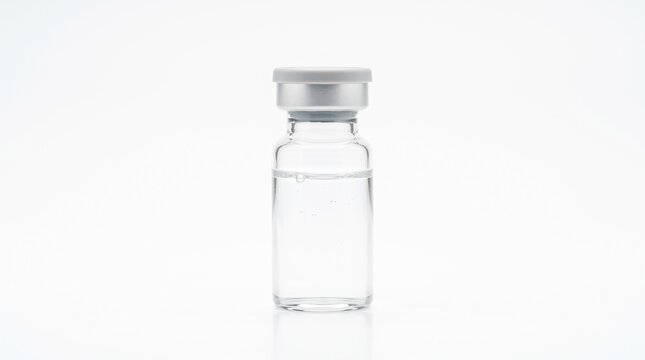 Clear glass medical vial with a silver metallic cap containing transparent liquid isolated on a clean white background studio shot for pharmaceutical vaccine or drug development concepts