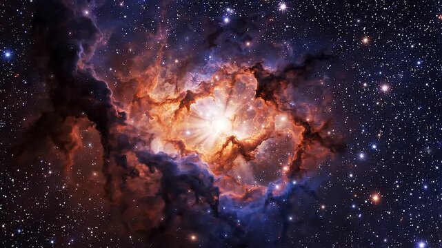 Deep space nebula explosion with glowing star cluster and cosmic dust clouds animation