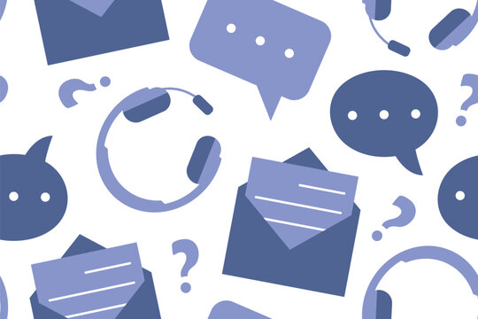 seamless pattern with headphones, speech bubbles, envelopes and question marks; helpdesk, customer support, communication, assistance and service concept - vector illustration