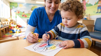 Obraz premium Caregiver helping toddler color drawing in daycare classroom