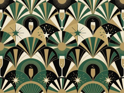 Art deco seamless pattern with champagne glasses and fireworks