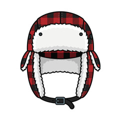 Flat vector icon of a classic red and black buffalo plaid winter trapper hat with white fur lining and ear flaps, isolated on white background for lumberjack fashion and cold weather concepts. © Raena
