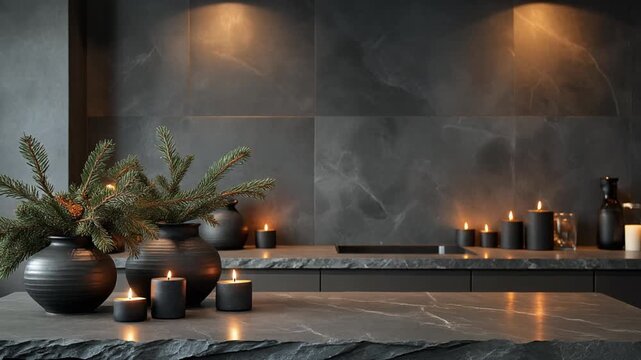 Modern Luxury Kitchen with Stone Island Featuring Minimal Christmas Arrangement and Burning Black Candles, Elegant 1080p Holiday Background