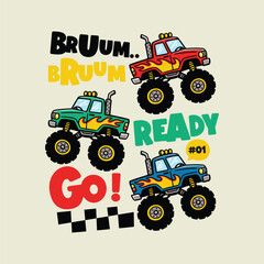 Monster Trucks Racing with Flames and Checkered Flag Illustration © atap