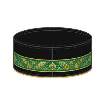 Traditional Southeast Asian Muslim Songkok Cap with Decorative Green and Gold Batik Pattern, Flat Vector Illustration Isolated on White Background for Religious and Cultural Design Themes