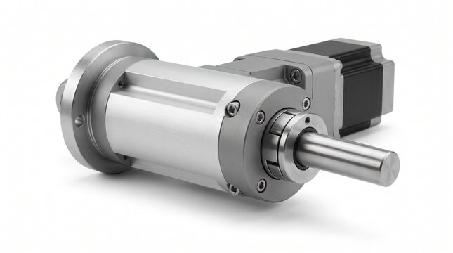 Industrial planetary gearbox with stepper motor integrated assembly on white background studio shot precision engineering mechanical transmission component for automated machinery robotics a