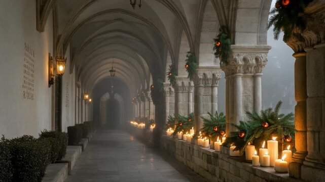 Rows of Glowing Candles Along Stone Arches of Medieval Monastery Cloister with Christmas Wreaths Cinematic 1080p